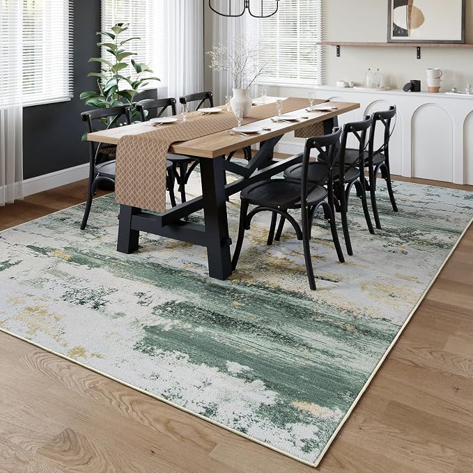 Kelarea Washable Area Rug for Living Room, 8x10 Non Slip Modern Abstract Green Rugs, Easy Clearning Low Pile Large Carpet for Bedroom, Dining Room, Nursery, Office