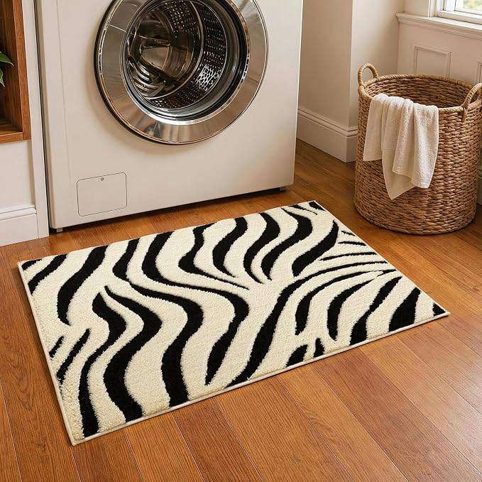 YIHOUSE 2×3 Ft Entryway Rugs: Washable Zebra Striped Small Rug - Modern Black and Cream White Rug for Indoor Entrance Bedroom Bathroom Home Decor - Nonslip Non-Shedding Carpet
