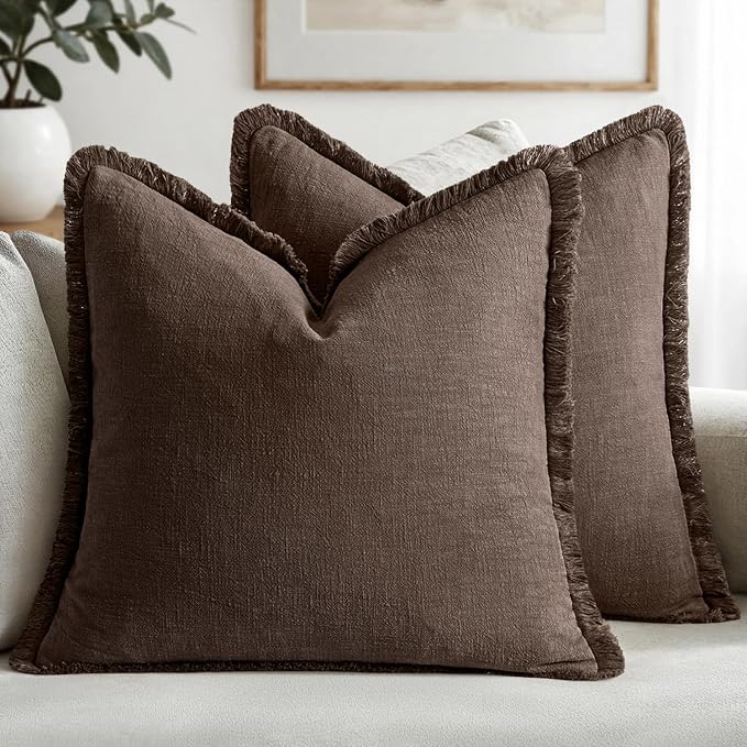 MIULEE Decorative Throw Pillow Covers Neutral Linen Fringe Throw Pillows Set of 2 Reddish Brown Boho Farmhouse Cushion Covers for Couch Sofa Bed Living Room Fall Home Decor 16x16 Inch