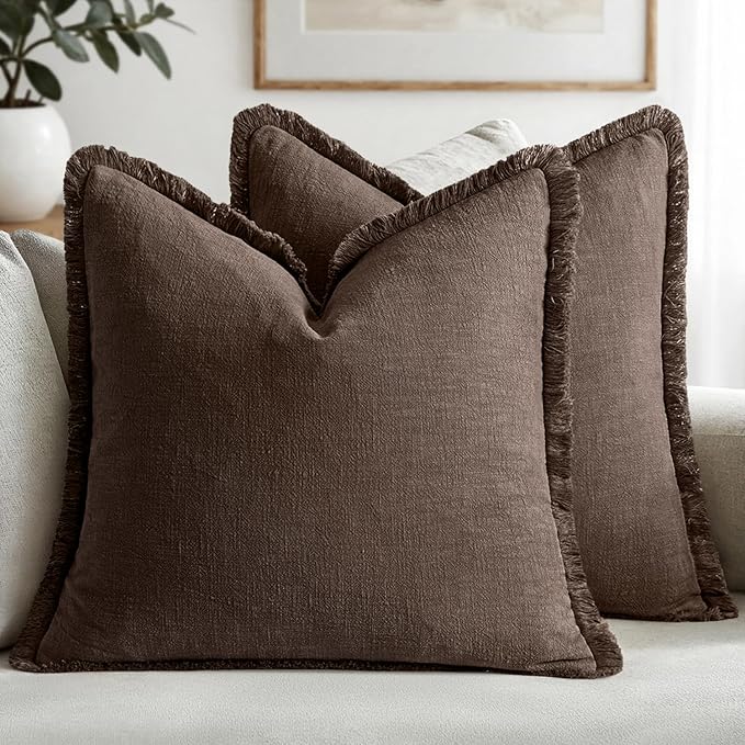 MIULEE Decorative Throw Pillow Covers Neutral Linen Fringe Throw Pillows Set of 2 Reddish Brown Boho Farmhouse Cushion Covers with Tassels for Couch Sofa Bed Living Room Fall Decor 18x18 Inch