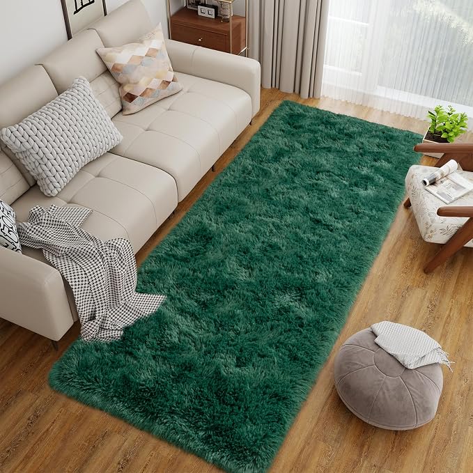 Dssimo 2x6 Dark Green Runner Rug for Bedroom Hallway Living Room | Soft Fluffy Shag Non-Slip Carpet for Kids,Girls Boys and Teens Decorations for Living Room Dorm Nursery Classroom