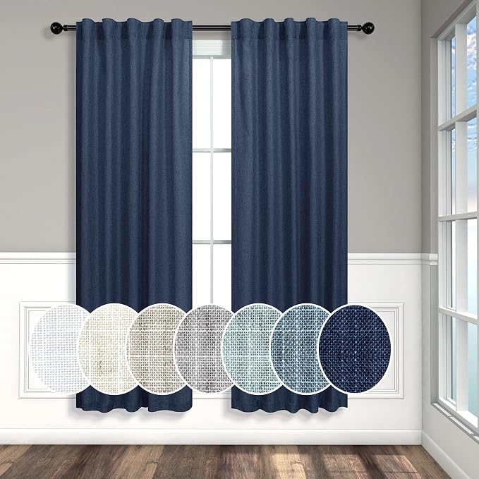 Navy Curtains 38 Inch Width for Kitchen Door 2 Panel Back Tab Pocket Semi Sheer Linen Light Filtering Skinny Small Window Curtain for Bedroom Closet Laundry Basement Bathroom Wide 38x63 Long Dark Blue