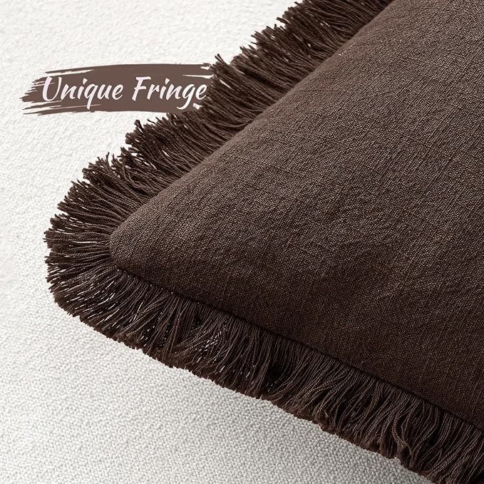 MIULEE Decorative Throw Pillow Covers Neutral Linen Fringe Throw Pillows Euro Shams Set of 2 Dark Brown Boho Farmhouse Cushion Covers for Couch Sofa Bed Living Room Fall Home Decor 24x24 Inch