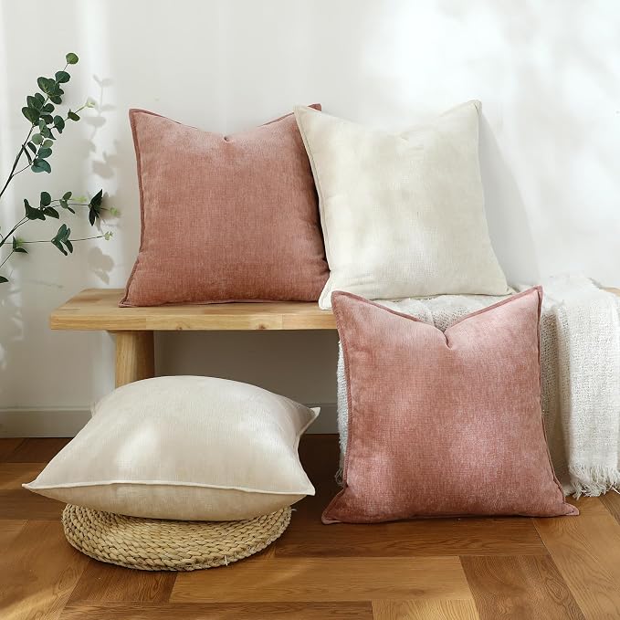 Stellhome Set of 2 Pink Decorative Pillow Covers Super Soft TextureLumbar Chenille Throw Pillow Covers Accent Solid Cushion Cover for Couch Sofa Bedroom Living Room 12x20 Inch