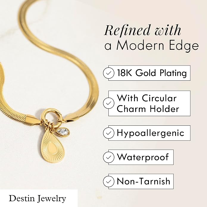 Destin Jewelry 18K Gold Plated Herringbone Necklace for Women and Men, Waterproof Flat Snake Chain, Stainless Steel Non Tarnish Layering Necklace
