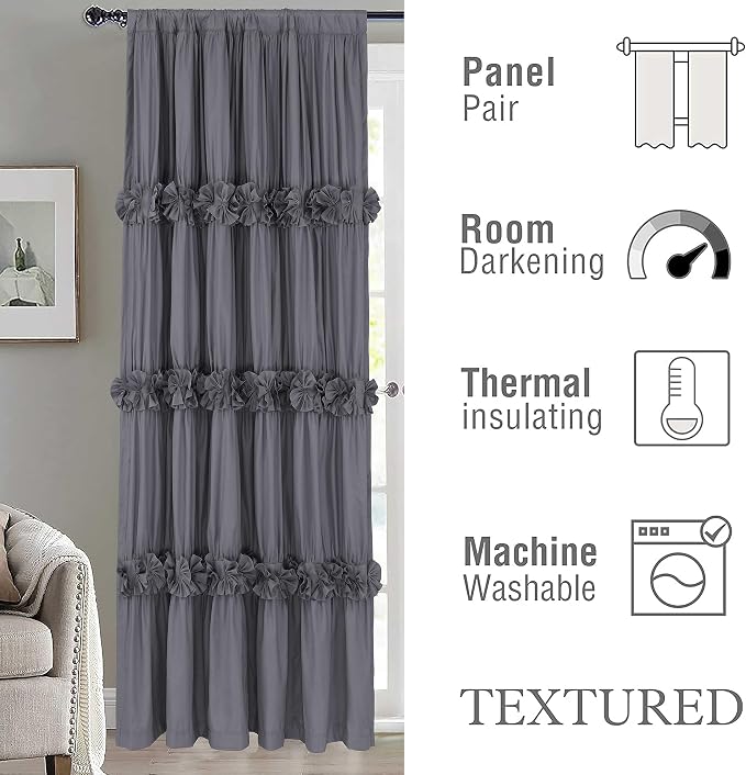 Homechoice Decor Blackout Window Curtains Gray, 54" W x 84" L x 2 Panels | Boho Ruched Thermal Insulated Window Treatments with 3 Rows of Butterfly Flowers, Rustic Rod Pocket Drapes for Room (LQ-30)