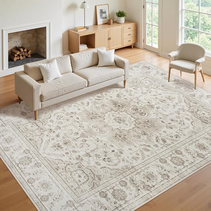 9x12 Area Rugs for Living Room:Beige Washable Vintage Medallion Carpet Non-Slip Soft Low Pile Large Rugs Indoor Retro Rug for Bedroom Nursery Dining Table Office Home(Beige White 9'x12')