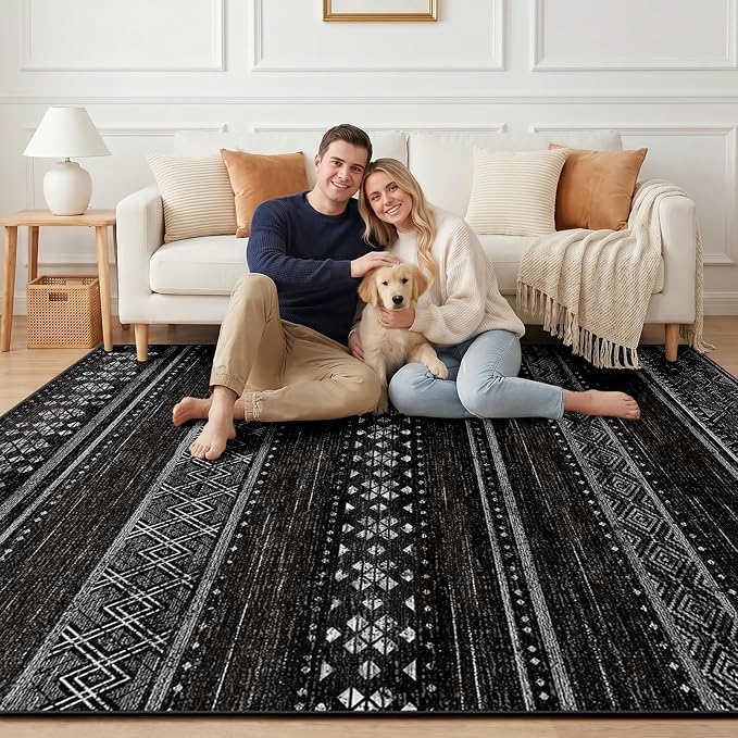 BESTSWEETIE 6x9 Area Rugs for Living Room Washable Moroccan Farmhouse Neutral Geometric Low Pile Non-Slip Soft Print Pattern Rug for Bedroom Kitchen Dining Room Entryway Black/White