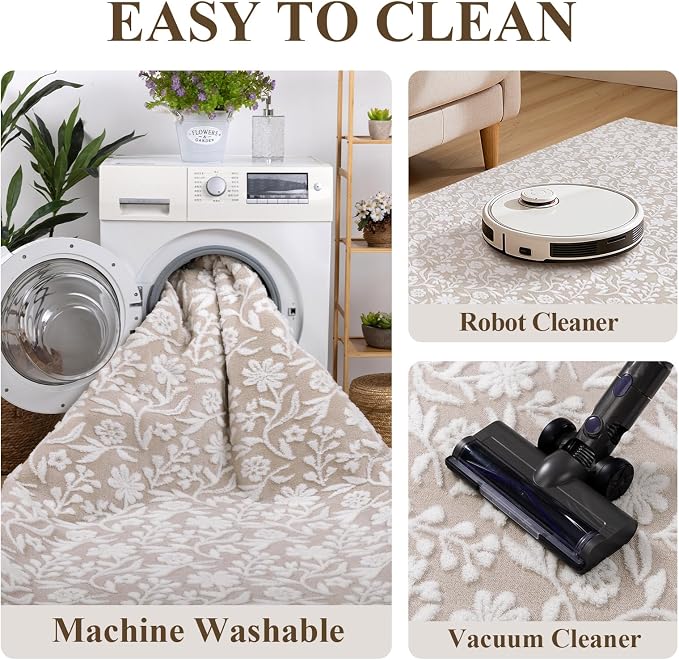 Vaukki 5x7 Area Rug for Living Room, Soft Fluffy Washable Modern Floral Indoor Floor Mat, Non Slip Shaggy Boho Accent Throw Carpet for Bedroom, Living Room, Nursery and Dining Room, Beige and White