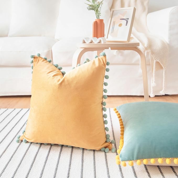 MONDAY MOOSE Decorative Throw Pillow Covers Cushion Cases, Set of 2 Soft Velvet Pom Poms Double-Sided Designs, Mix and Match for Home Decor, Pillow Inserts Not Included (20x20 inch, Orange/Teal)