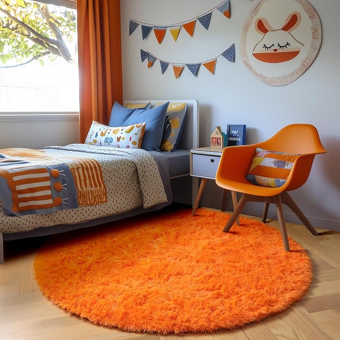 Amdrebio Orange Round Circle Rug 4Ft for Bedroom Living Room, Fluffy Fuzzy Area Rugs for Kids Room Decor Aesthetic, Cute Furry Plush Shag Carpet for Toddler Teen Girls Boys Baby Nursery Dorm Playroom