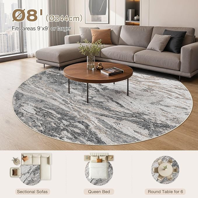 Area Rugs for Living Room: 8ft Round Abstract Washable Rug Modern Neutral Large Soft Stain Resistant Non-Slip for Bedroom Dining Room Indoor Home Office Carpet - Tapue