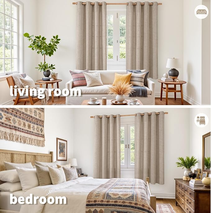 YoungsTex Oatmeal Linen Semi Sheer Curtains 63 lnch Length, Tan Drapes | Textured Light Filtering with Bronze Grommet for Bedroom Living Room Farmhouse, 52 X 63 Inch
