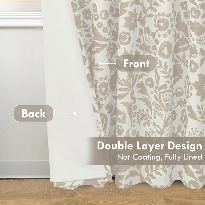 DriftAway Julia 100% Blackout Curtains Grommet 2 Panels, W52xL90, Beige | Floral Curtains, Bedroom, Living Room, Linen Blend, Watercolor Pattern, 2 Layers, Thermal Insulated, Window Treatment