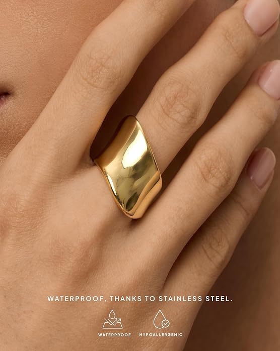 PAVOI 14K Gold Plated Chunky Statement Ring for Women | Stainless Steel Hypoallergenic Wide Stackable Rings
