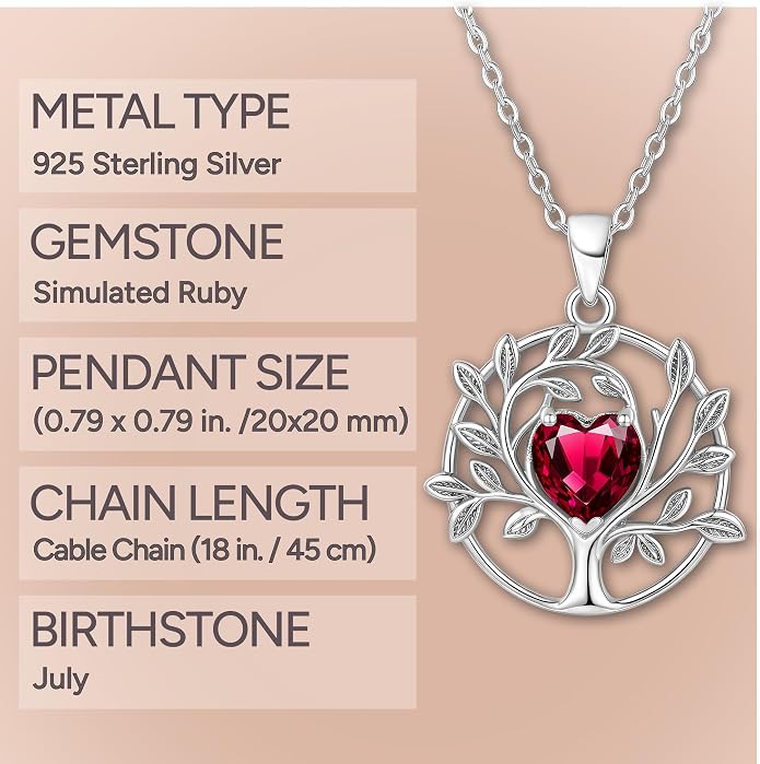 ADITA GOLD Tree of Life Necklace for Women, 925 Sterling Silver Birthstone Pendant, Simulated Gemstone, Jewelry