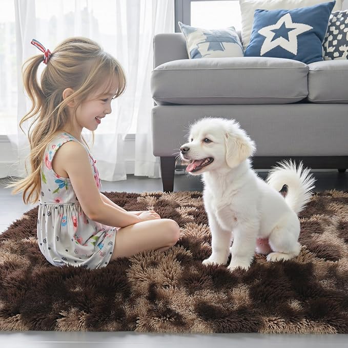 Rugs for Bedroom 4x6, Alfombras para Salas Shag Plush Soft Area Rug, Shaggy Carpets for Livingroom,Home Decor Aesthetic(4 x 6, Dark Coffee Tie-Dyed)
