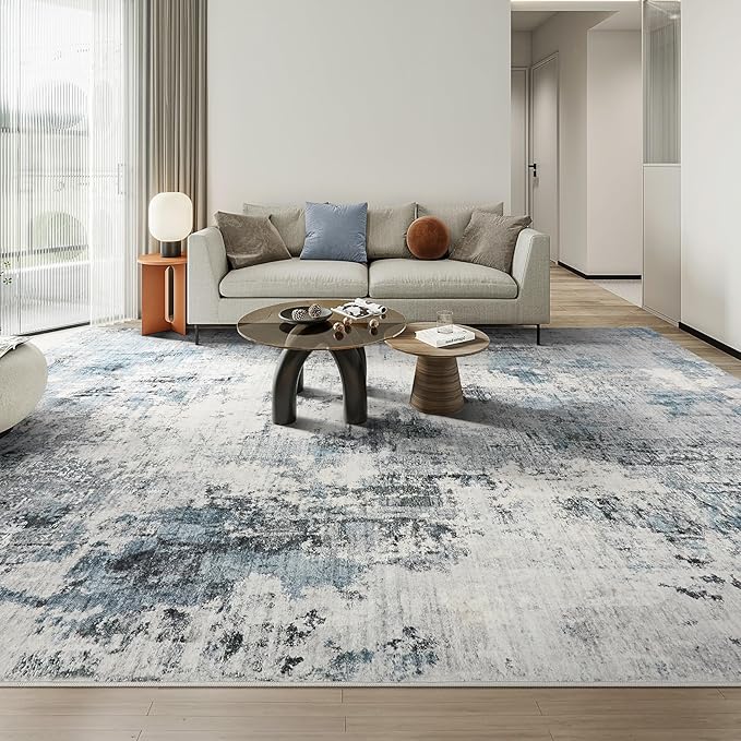 Abstract 12x15 Area Rug: Machine Washable Non Slip Ultra Thin Low-Pile Carpet, Soft Stain Resistant for Living Room Bedroom Office, Kid Pet Friendly, Robot Vacuum Compatible - Grey Blue