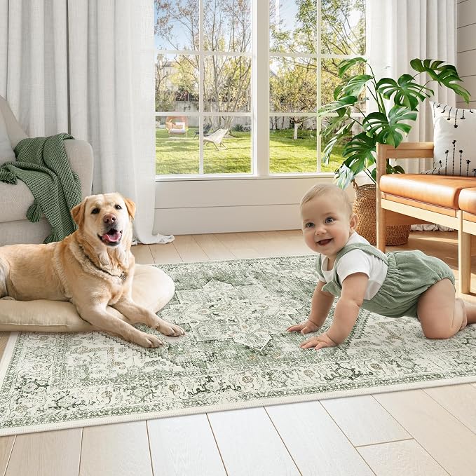 LIVEBOX Sage Washable Vintage Area Rug 3x5 Non-Slip | Low-pile design, machine washable, distressed print, perfect for entryway, bedroom, kitchen, foyer and laundry room