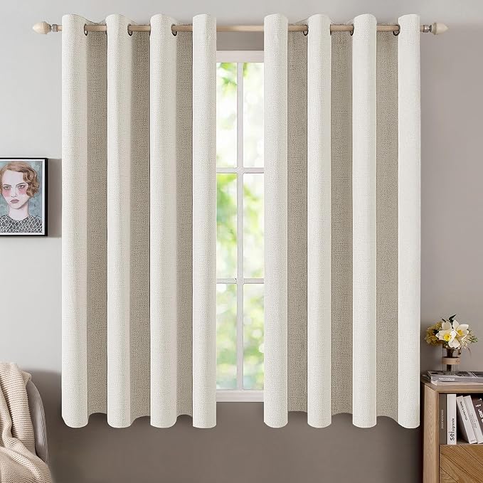 MIULEE Linen Texture Curtains for Bedroom Solid 100% Blackout Thermal Insulated Linen Beige Curtains Grommet Room Darkening Drapes for Living Room 52x54 Inch (2 Panels)