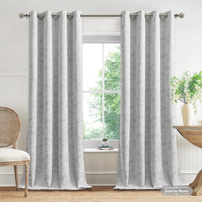 Beauoop Grey Floral Jacquard Blackout Curtains for Bedroom 52x90 2 Panels | Flower Chenille Room Darkening Drapes for Living Room 90 Inch Long Thermal Insulated Soundproof Window treatment Grommet