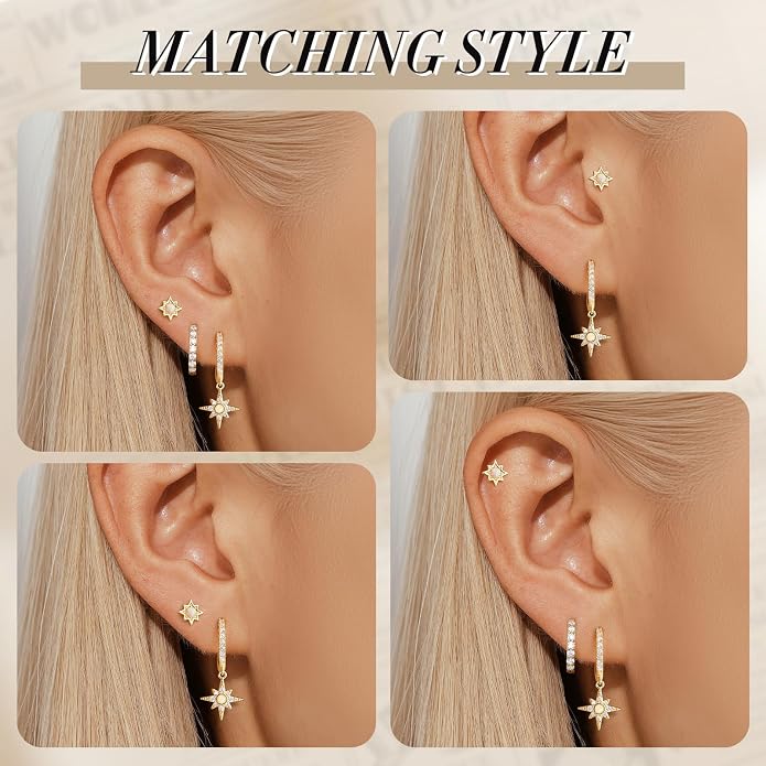 Angelady Opal Earrings Set for Women, Hypoallergenic S925 Sun Stud Earring for Sensitive Ears, Dainty Hoop Huggie Silver Opal Dangle Earring Stacks, Blue Earrings for Women Trendy 2025