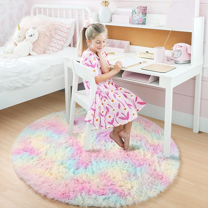 Amdrebio Rainbow Fluffy Small Round Rug 3Ft Kids Rugs for Girls Bedroom, Unicorn Room Decor, Colorful Pastel Shag Carpet for Dorm, Soft Cute Fuzzy Kawaii Circle Area Rugs for Baby Nursery, Playroom