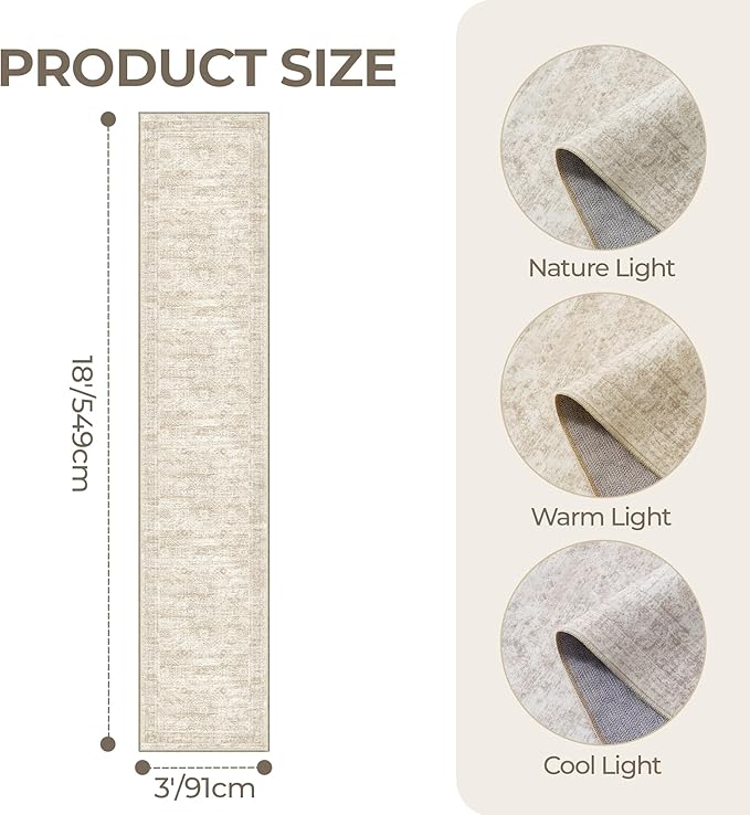 3x18 Runner Rug Non Slip,Washable Hallway Runner Rug,Beige | Extra Long Runner Rugs for Hallway,Entryway,Bedroom,Living Room,Dining Room,Thin,Soft Rug,Stain Resistant Indoor Carpet