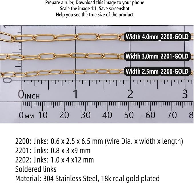 THREENEST 32.8-Feet Width 2.5mm Stainless Steel Paperclip Chains, 18K Real Gold Plated, Soldered Cable Long Craft Chain for Necklace Bracelet Earring Jewelry Making (2200-GOLD-10M)