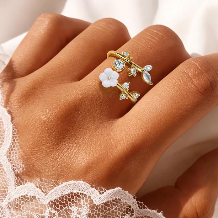 Gold Birthstone Rings for Women Non Tarnish Fashion Stackable Dainty 14KGold PlatedSilver/Rose Adjustable Emerald Green Ring Cubic Zirconia Gemstone Cute Pearl Shell Flower Promise Ring Engagement Birthday Gifts