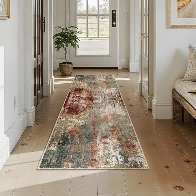RELEANY Washable Area Rugs 2x7 Non-Slip Modern Abstract Soft for Living Room Entryway Bedroom Kitchen, Print Pattern, Brown Rust Red Green Blue Multi
