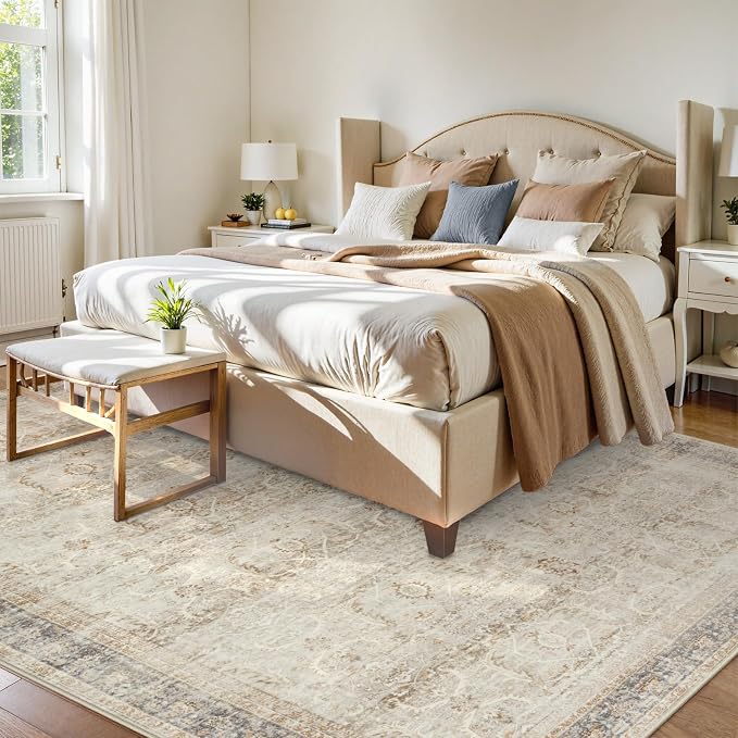 Collive Large Area Rug for Living Room 9x12, Washable Area Rug 9x12 Non Slip Vintage Farmhouse Bedroom Carpet Stain Resistant Ultra-Thin Low Pile Aesthetic Print Floor Rug for Dining Office - Tan