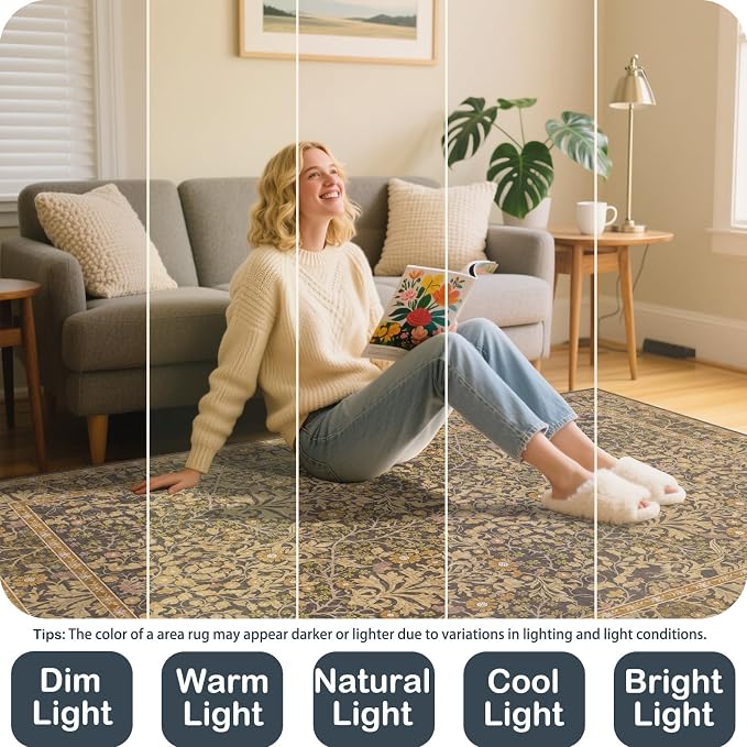 9x12 Washable Area Rugs for Living Room, Stain Resistant Vintage Rugs for Dining Room Under Kitchen Table, Bedroom, Floral Low Pile Non-Slip Large Carpet (9 x 12 Goldenrod)