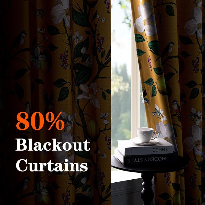 MYSKY HOME Floral Blackout Curtains 95 inches 2 Panels Set for Dining Room Vintage Mid Century Style Lemon Hummingbird Patterned Room Darkening Thermal Insulated Drapes Grommet, W52 per Panel, Yellow