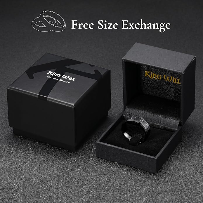King Will Mens 8mm Black Silver Tungsten Rings, Men's Wedding Rings Fishing Line Inlay Beveled Edge Ring for Men Women, Comfort Fit, Durable