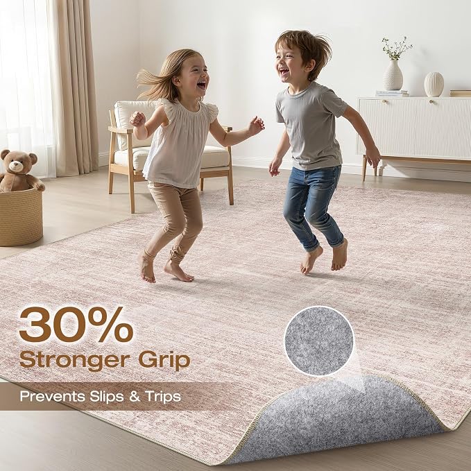 Pink Rug 6x8 Living Room: Washable Large Neutral Rugs Abstract Soft Modern Stain Resistant Indoor Floor Non-Slip Carpet for Nursery Kids Girls Bedroom Playroom Dining Room Under Table