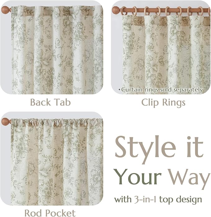 jinchan Green Floral Linen Curtains Lined 63 Inch Vintage Back Tab 2 Panels | Privacy lining, light filtering drapes, vintage, cottagecore, french country, rustic, bedroom, living room, window treatment
