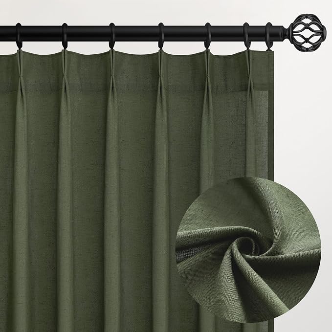Topfinel Olive Green Pinch Pleated Semi Sheer Curtains Textured Linen Blended Light Filtering Window Curtains 108 inch for Living Room Bedroom Pinch Pleat Drapes with Hooks 2 Panels 9ft 40" Wx108 L