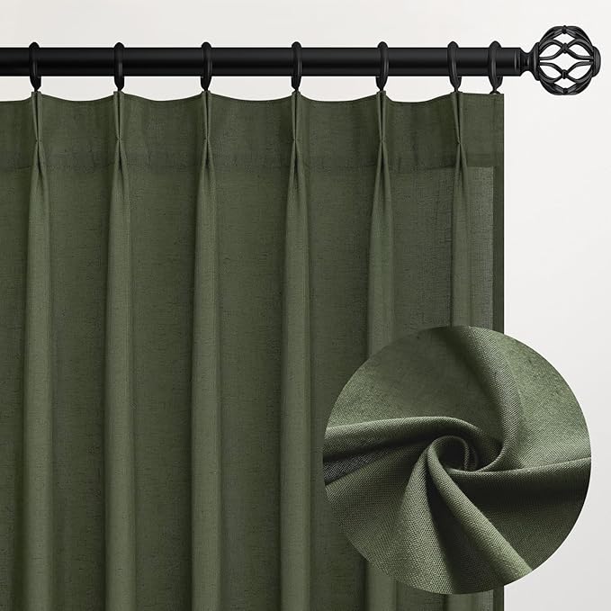 Pleated Linen Curtains 105 Inches Long for Living Room 2 Panel Set Olive Green Semi Sheer Light Filtering Pinch Pleat with Hooks Back Tab Drapes Neutral Boho 105 Inch Curtain for Bedroom Window