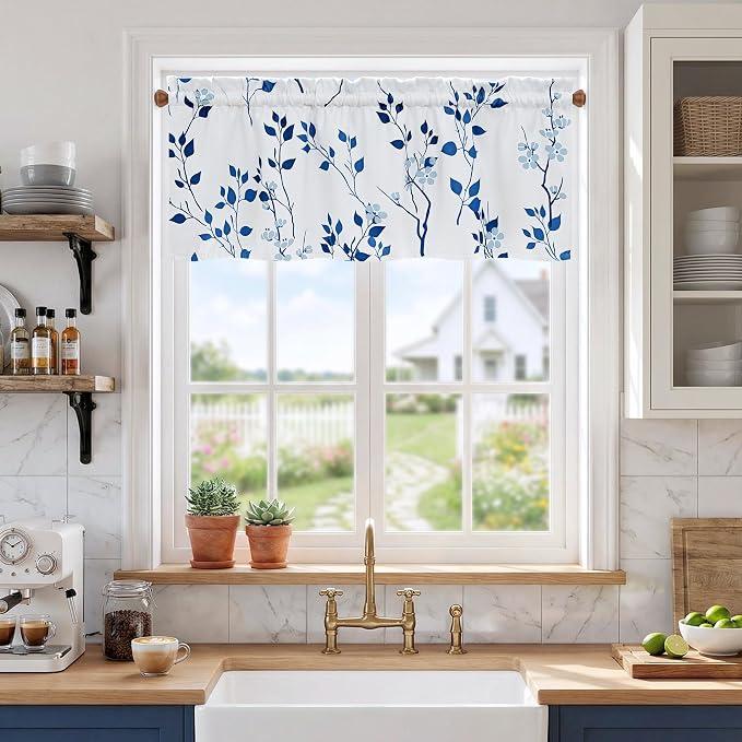 Beauoop Floral Valance Curtains for Kitchen Navy Blue 52X18 Inch 1 Panel | Flower Patterned Navy White Blackout Short Curtains for Living Room Bedroom Cafe Thermal Small Window Curtains Rod Pocket