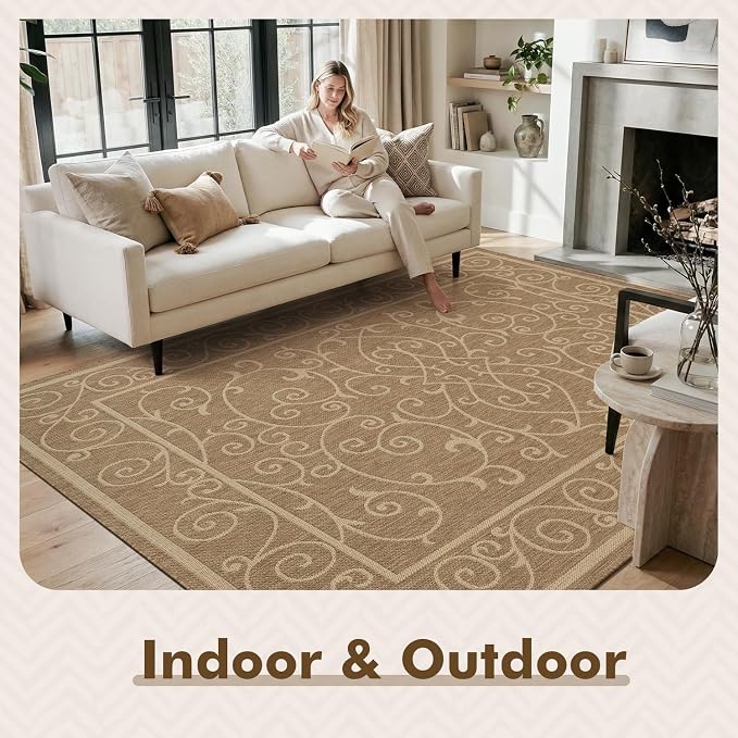 MontVoo-Outdoor Rug-Patio Rug 8x10 ft Polypropylene Indoor Outdoor Rugs Outdoor Carpet for Patio Deck Balcony Porch, Textured Weave, Durable for High Traffic, Fade-Resistant, Vintage Neutral Brown