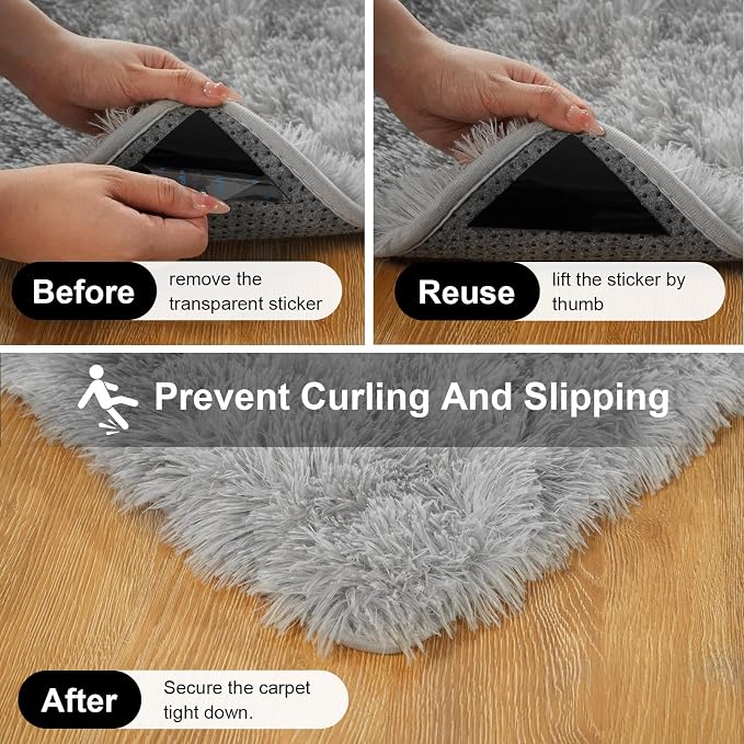 2x3 Rugs for Bedroom, Fluffy Area Rugs for Living Room, Small Fuzzy Shag Soft Carpet with 4 Non-Slip Adhesive Strips for Kids Boys and Girls Nursery Dorm Home Decor (2ft X 3ft, Tie-Dyed Grey)