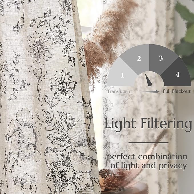 jinchan Black Floral Linen Curtains 96 Inch Farmhouse Back Tab 2 Panels | Light filtering drapes, semi sheer, farmhouse, cottagecore, rustic, living room, bedroom, rod pocket, window treatment