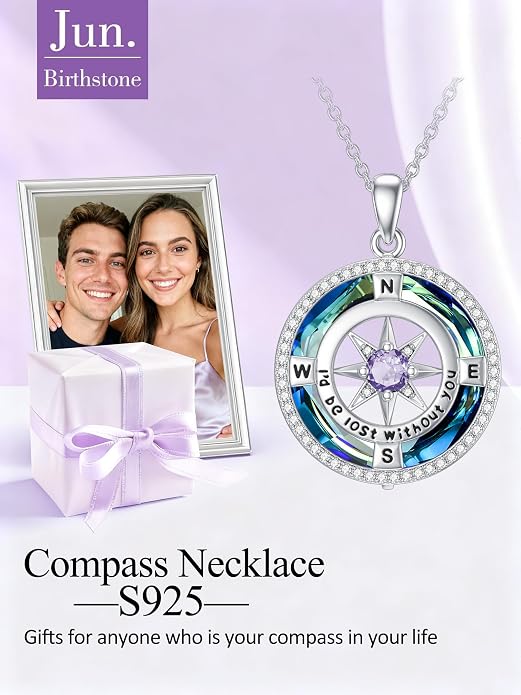 TOUPOP Necklace Gifts for Wife Compass Jewelry Women Anniversary Girlfriend Birthday Gift for Her Valentines I'd be Lost without You Sterling Silver Birthstone Necklaces