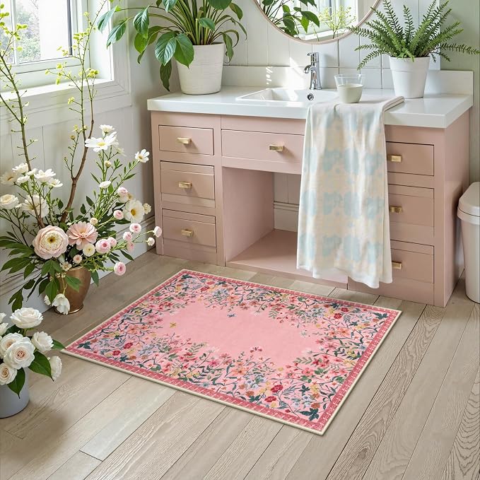 Wonnitar 2x3 Washable Area Rug, Small Pink Kitchen Mat, Boho Floral Bathroom Rug, Non Slip Accent Rug for Bedroom Bedside, Ultra Thin Laundry Door Mat Decor (2x3 Pink)