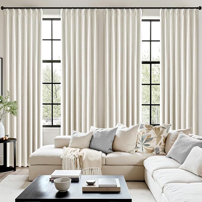 MIULEE Beige White Pinch Pleated 100% Blackout Linen Curtains for Bedroom, Room Darkening Memory Trained Window Curtains 90 inches Long for Living Room, Black Out Pleat Drapes, 2 Panels