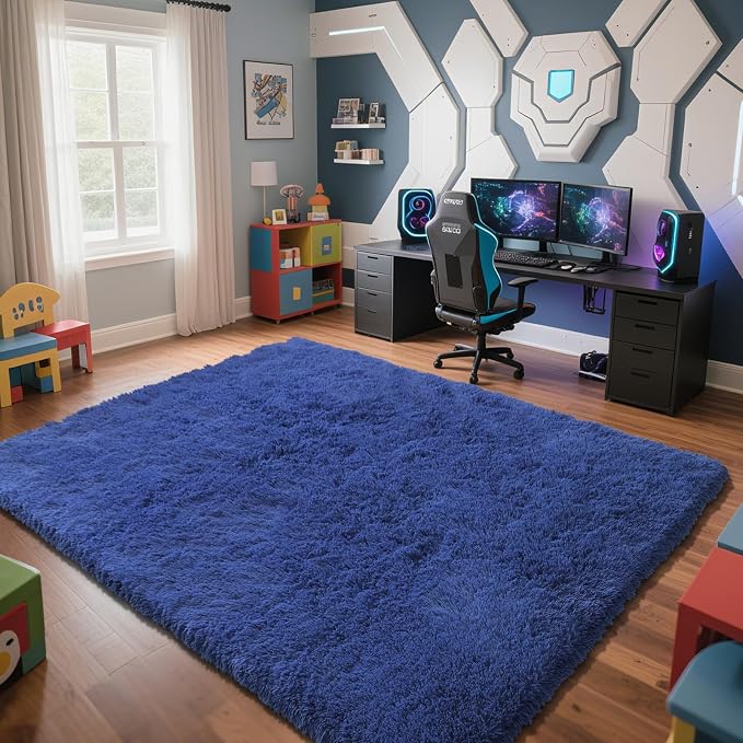 Blue Fluffy Rug Shag Area Rug, 9x12 Area Rugs for Girls Bedroom, Big Soft Shag Bedside Non-Slip Plush Dorm Carpet Home Decor Aesthetic