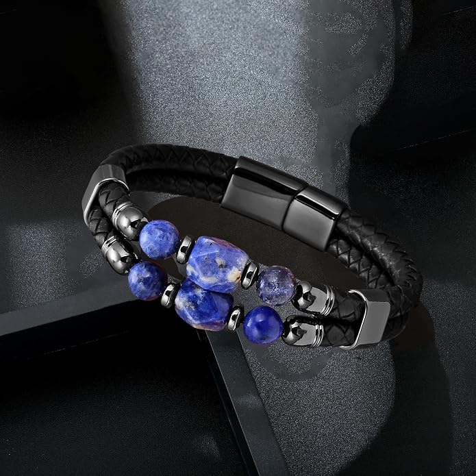 Mens Turquoise/Lapis Lazuli/Tiger Eye/Black Agate/Obsidian Leather Braided Bracelets for Father's Day/Birthdays/Graduation Jewelry Wristband Cuff Bracelet with Stainless Steel Clasp