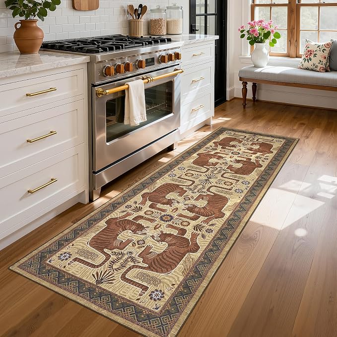 GarveeHome Tiger Print 2'x6' Washable Non Slip Runner Rugs for Hallways, Boho Terracotta Kitchen Runner Ultra Thin Soft Vintage Tribal Indoor Throw Floor Carpet for Entryway Bedroom Bathroom