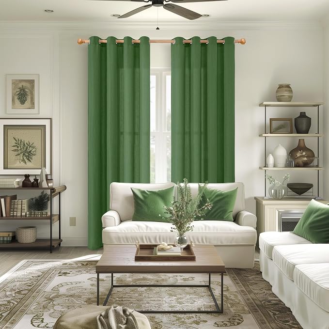 YoungsTex Forest Green Linen Curtains 80 Inches Long for Living Room, Grommet Light Filtering Drapes Privacy for Bedroom Dining Room Office Spring Decorative, 2 Panels, 52 X 80 Inch